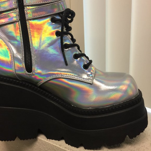 Demonia Silver Holographic Platform Boots - Picture 9 of 13